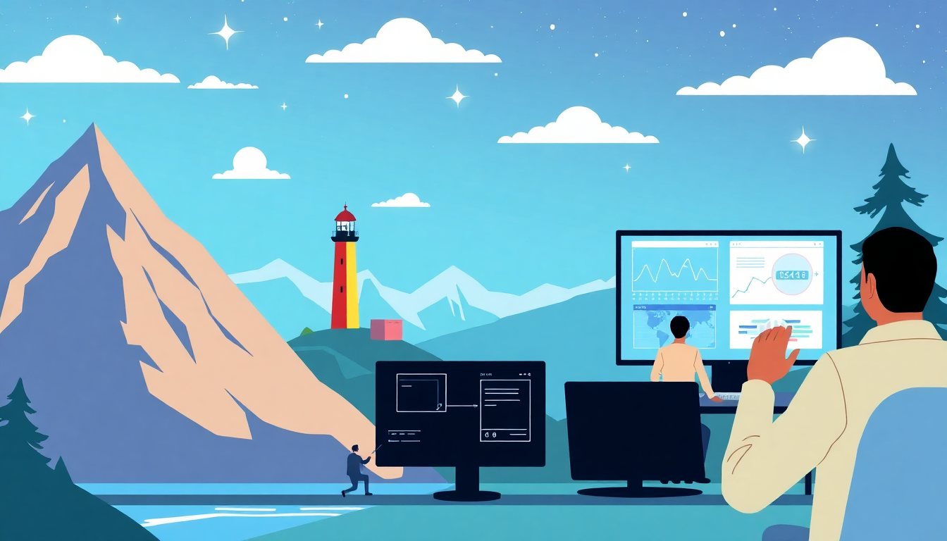 illustration showing a modern landscape with mountains, lighthouse, and people monitoring project data on screens