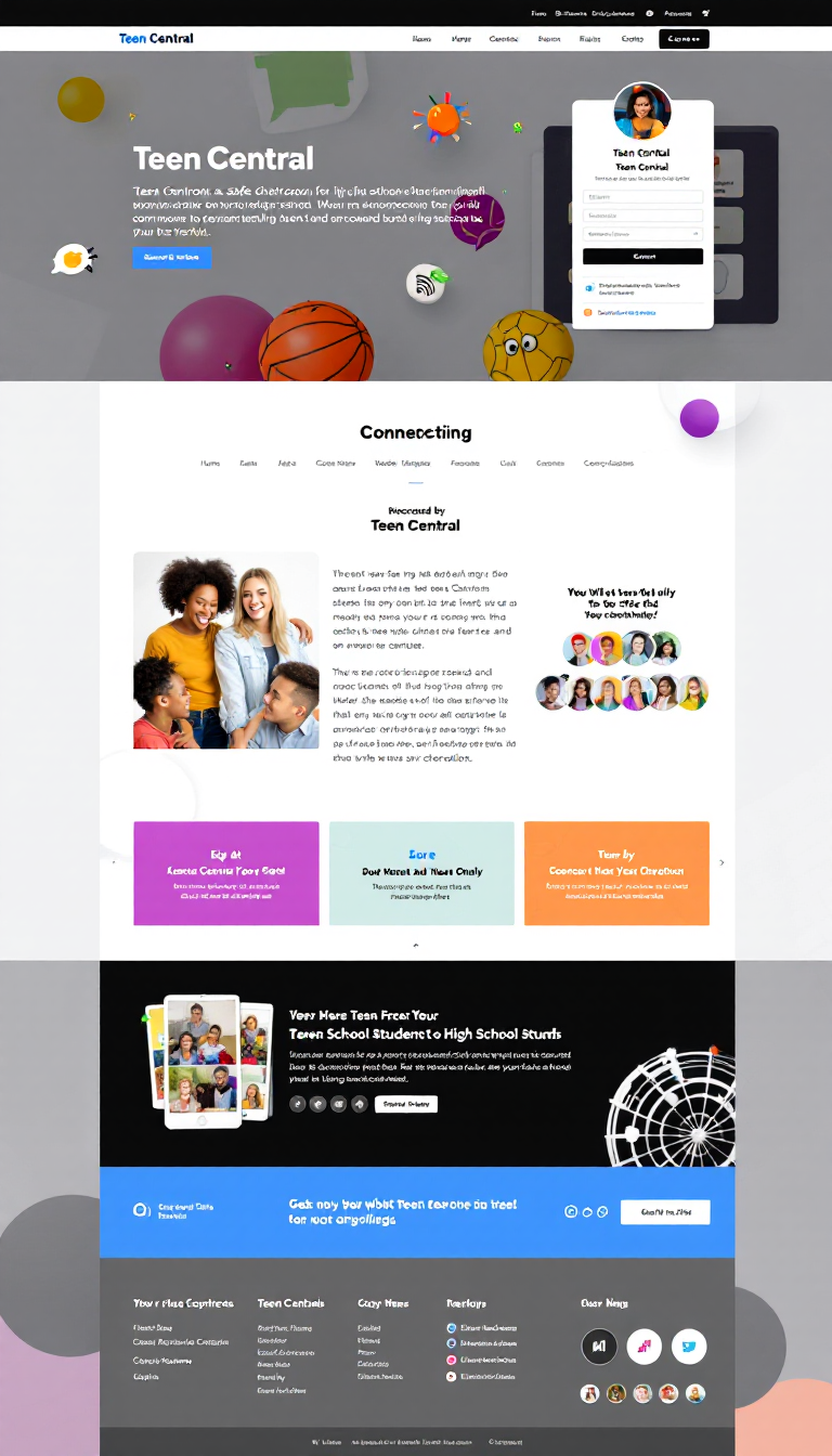 Design a one-page website for "Teen Central," a safe chatroom for high school students to connect and communicate. The site should have a clean layout, vibrant colors, and user-friendly navigation.