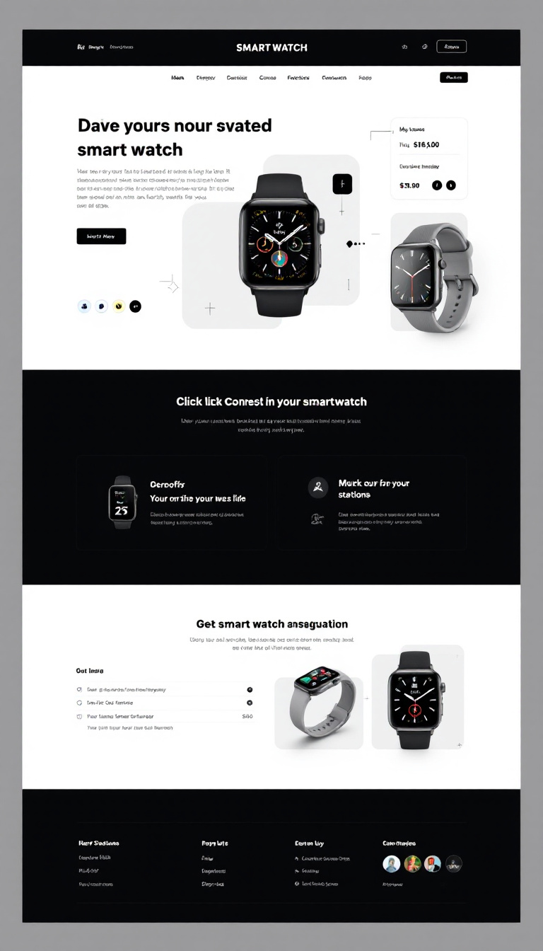 Design a sleek, dark mode landing page for a smartwatch sales website, incorporating modern aesthetics and engaging shopping elements. Emphasize simplicity and elegance while highlighting the smartwatch features.