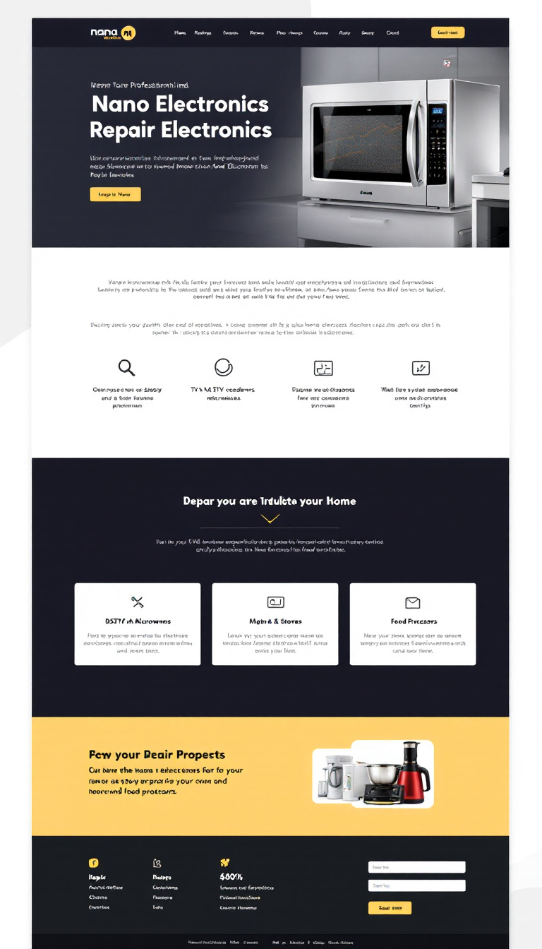Design a one-page website for a professional Nano Electronics repair service. The site should highlight repair offerings for TVs, DSTV decoders, microwaves, stoves, and food processors with a clean, modern layout.