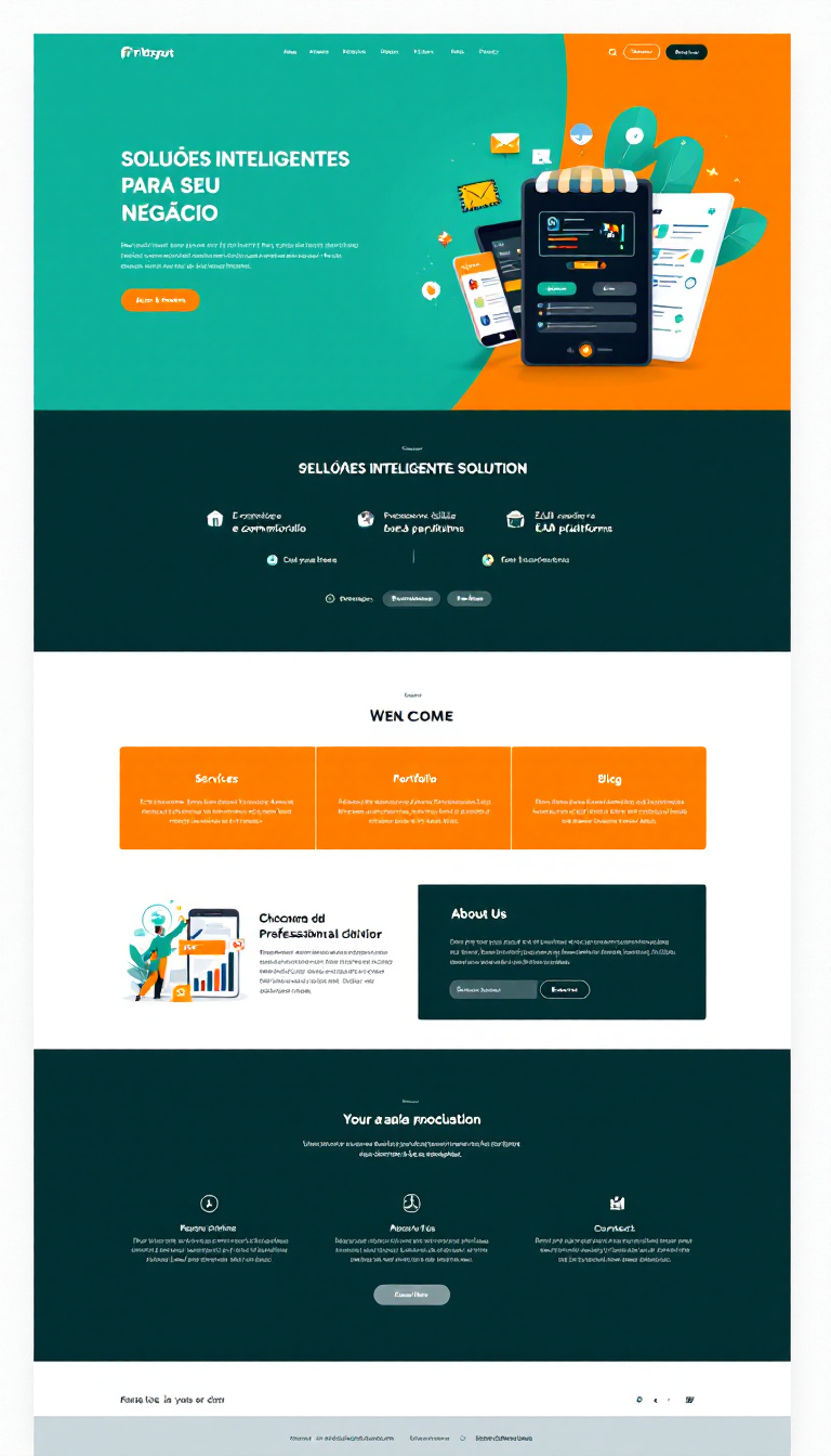 Create a simple, one-page website design for a digital agency inspired by https://firstspot.com.br. The site should elegantly showcase services like e-commerce solutions, professional websites, and EAD platforms, incorporating a teal green and vivid orange color scheme, featuring the agency’s logo and a prominent banner reading "SOLUÇÕES INTELIGENTES PARA SEU NEGÓCIO." Ensure responsive design and easy navigation between sections like Services, Portfolio, Blog, About Us, and Contact, with clear calls to action.