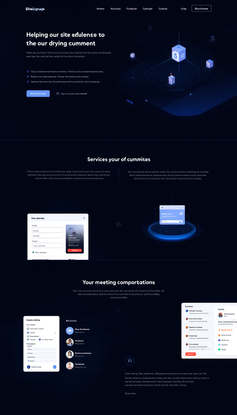 Créez une maquette de site web professionnel pour SiteUpgrade, avec un design moderne et minimaliste sur fond sombre. Utilisez des accents de bleu néon, une typographie sans-serif élégante, et incluez des animations fluides pour la navigation entre les sections et les effets au survol des boutons. Intégrez des sections dynamiques et interactives pour présenter les services, le processus, le portefeuille, les témoignages, et un formulaire de contact tout en maintenant une ambiance chic et professionnelle.