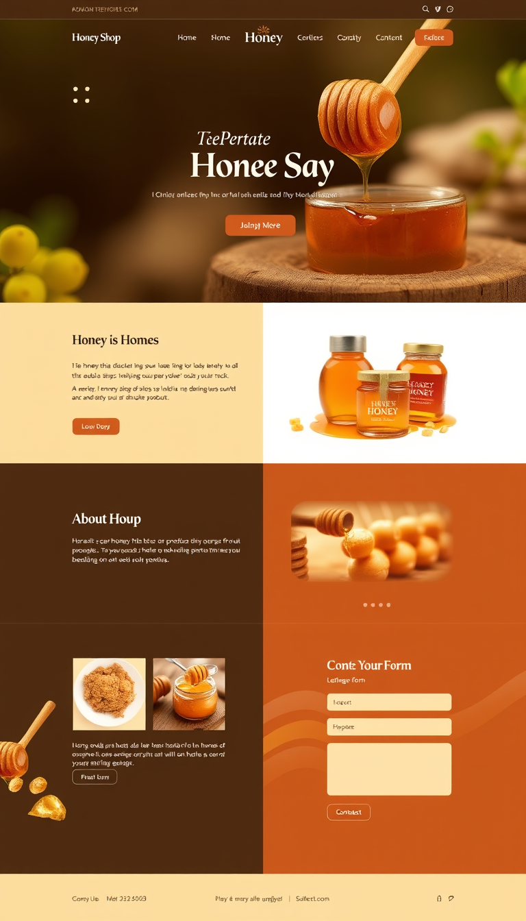 Design a one-page website for a honey shop, featuring clean aesthetics and vibrant images of honey products. Include sections for product descriptions, a brief about the shop, and a contact form.
