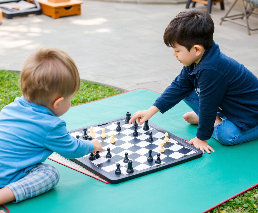 children playing with the foldable flying chess mat outdoors