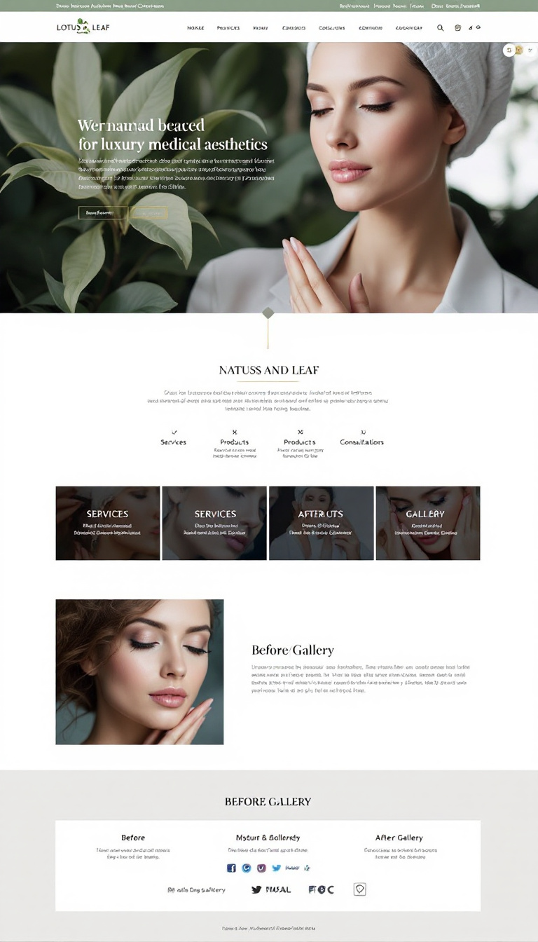Design a luxury medical aesthetics website for Lotus and Leaf in Collingwood, Ontario. The site should embody a premium, minimalist aesthetic with clean white backgrounds, an elegant green logo, and subtle gold accents. Key features include a modern layout with a menu for services, products, and consultations, as well as a before/after gallery, all designed to position the clinic as a sophisticated destination for natural beauty enhancement.