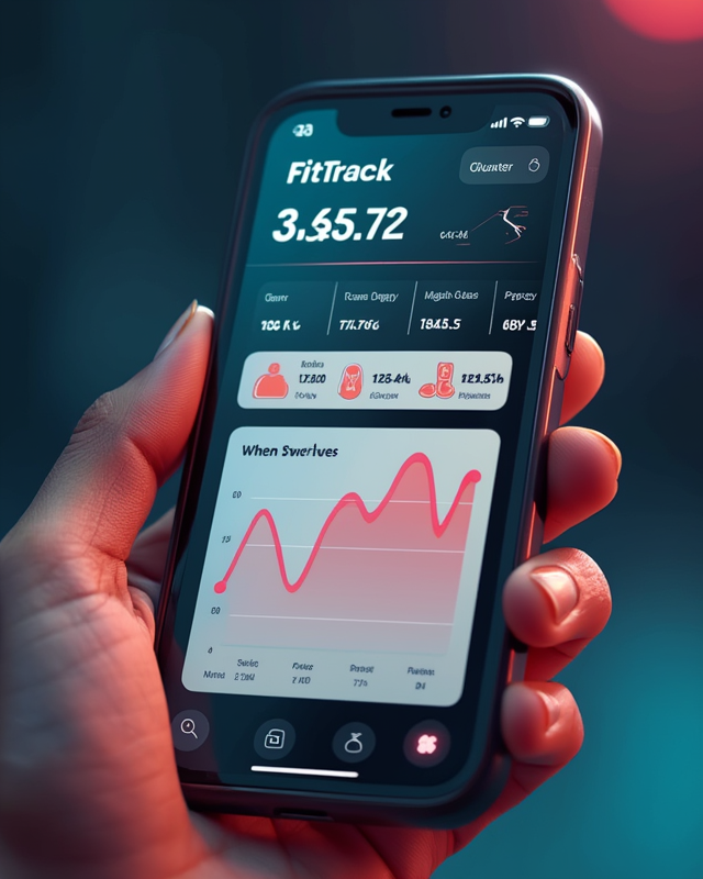 A sleek smartphone mockup showing FitTrack workout log and progress charts in a sporty tech UI