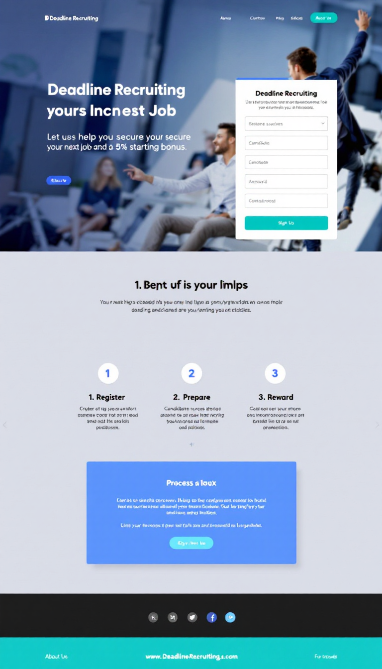 Design a one-page website for Deadline Recruiting, featuring a bold headline: "Let us help you secure your next job and a 5% starting bonus." Include a ticker with candidate success stories, a three-step process box (1. Register 2. Prepare 3. Reward), and a signup form. In the top banner, add links for "About Us" and contact information for schools.
