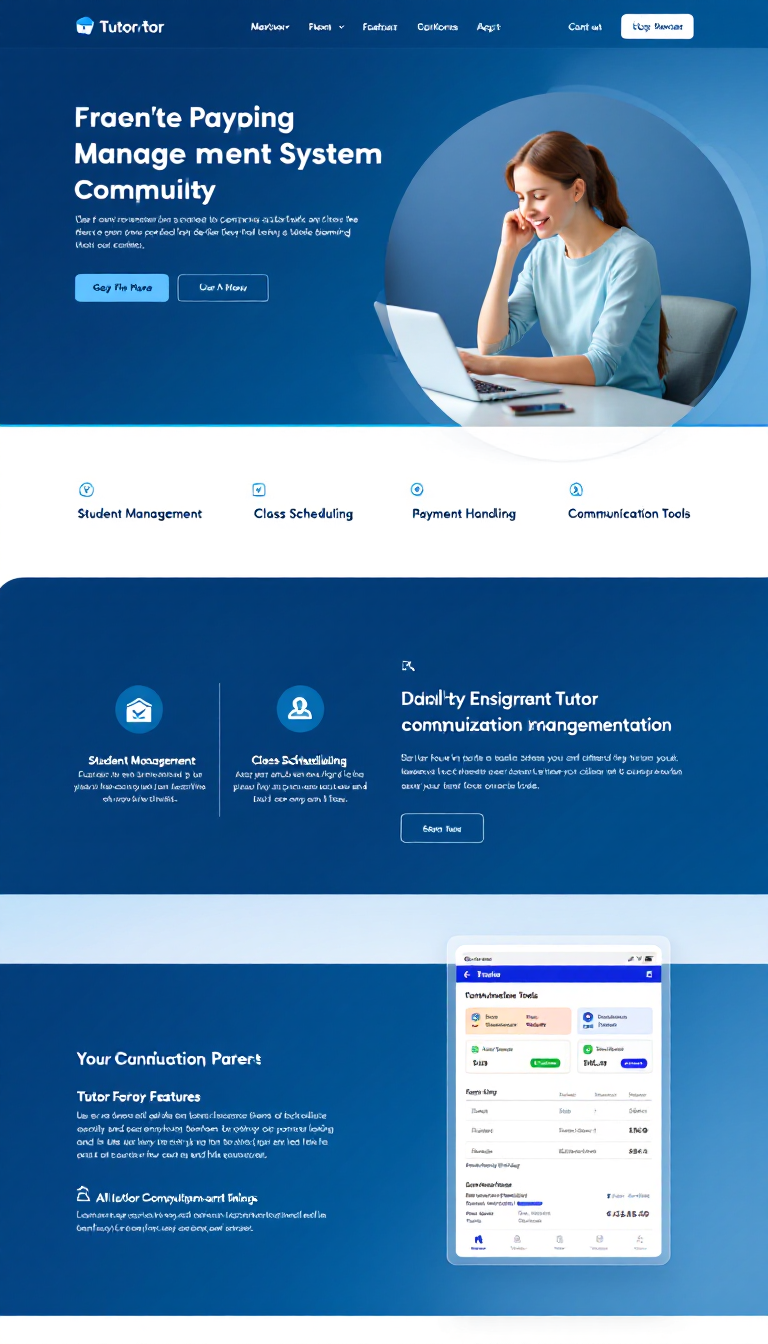 Create a simple and clean one-page website layout for a Tutor Management System (TMS). Highlight key features like Student Management, Class Scheduling, Payment Handling, and Communication Tools, using a modern professional design with a blue and white color scheme, aimed at tutors, tutoring centers, and parents.