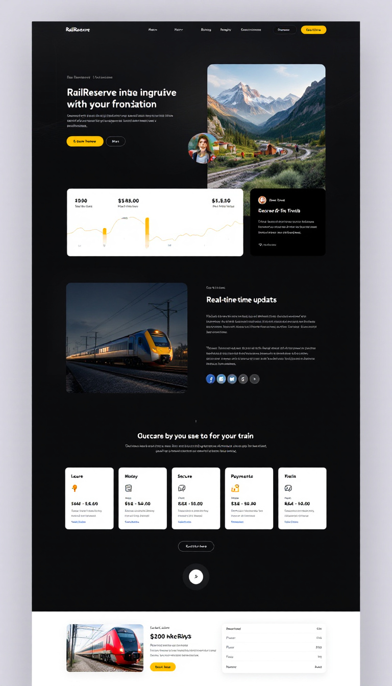 Design a modern, one-page website for RailReserve, a train travel platform. Include features like train schedules, seat availability, secure payments, and real-time updates, with a focus on simple navigation and sleek visuals for an appealing user experience.