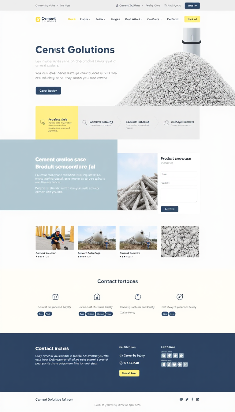 A one-page website for a cement company named 'Cement Solutions'. The design should appeal to small businesses, featuring a professional and clean layout. Include sections for a brief introduction about the company, a product showcase, and a contact form for inquiries. The theme should convey strength and reliability, using a color palette that reflects the construction industry, such as grays, blues, and earthy tones.