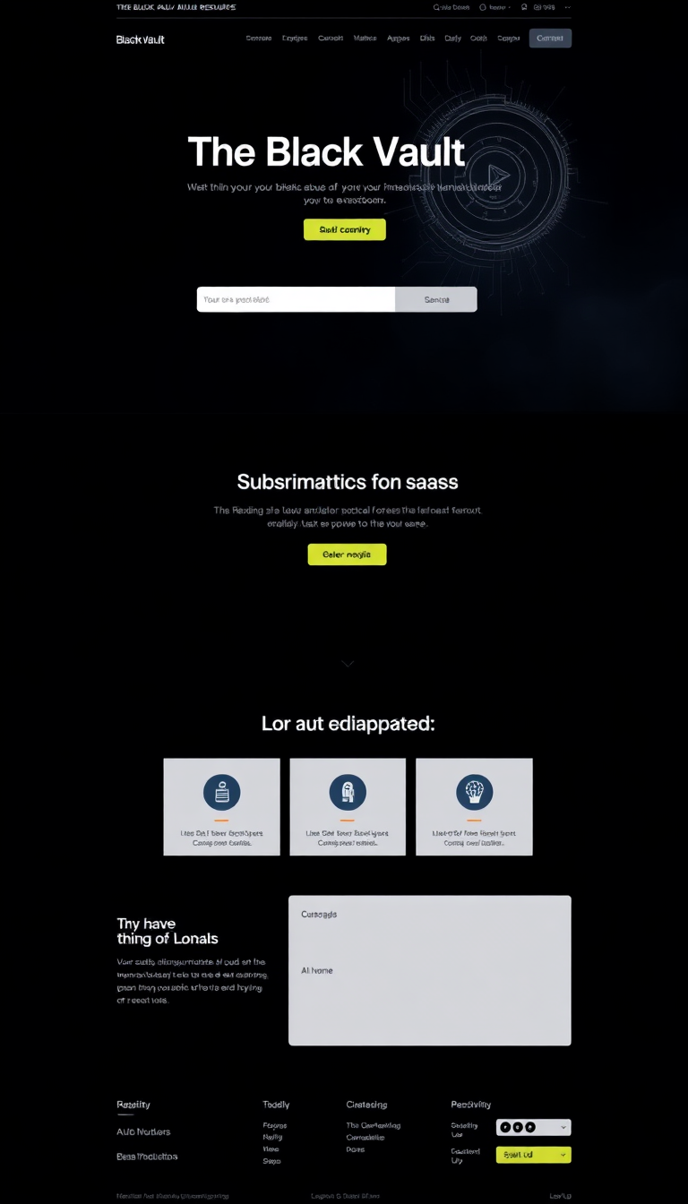 Design a clean one-page website for a free subscription-based AI resource site named "The Black Vault." Emphasize a modern layout with easy navigation and an engaging color scheme that reflects a tech-savvy vibe.