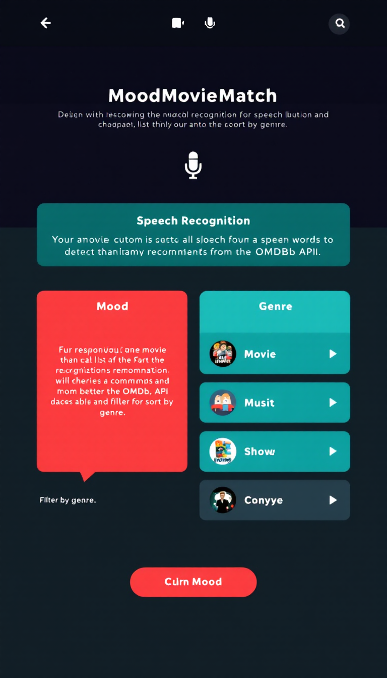 Design a one-page web app called MoodMovieMatch featuring a microphone button for speech recognition. The app will analyze spoken words to detect mood and provide movie recommendations from the OMDb API, along with a filter for sorting by genre. Use a fun, colorful design for a responsive interface that displays the mood and movie list effectively.