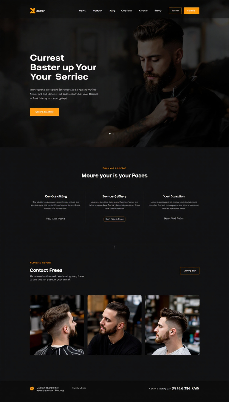 Design a simple one-page website for a barbershop, featuring a clean layout, an eye-catching logo, service offerings, and contact information. Include images of the shop's interior and a selection of hairstyles.