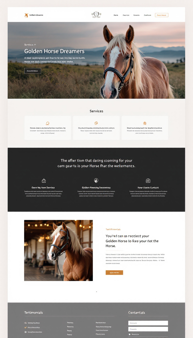 Design a modern, clean one-page website inspired by the layout and content of https://goldenhorsedreamers.it, focusing on user-friendly navigation and an attractive aesthetic. Include sections for services, testimonials, and contact information.