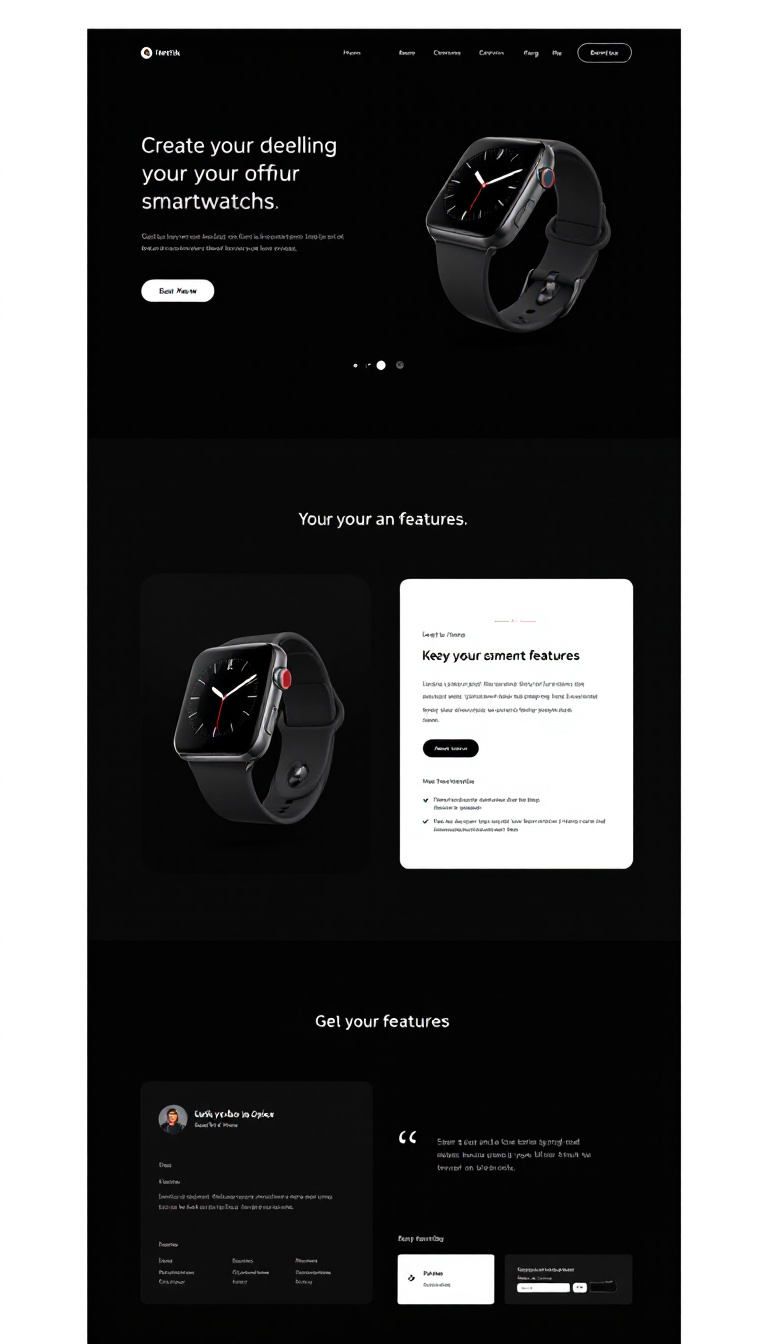 Create a sleek one-page landing page for selling a smartwatch, designed in dark mode. Focus on a modern aesthetic, featuring product images, key features, and a clear call-to-action.