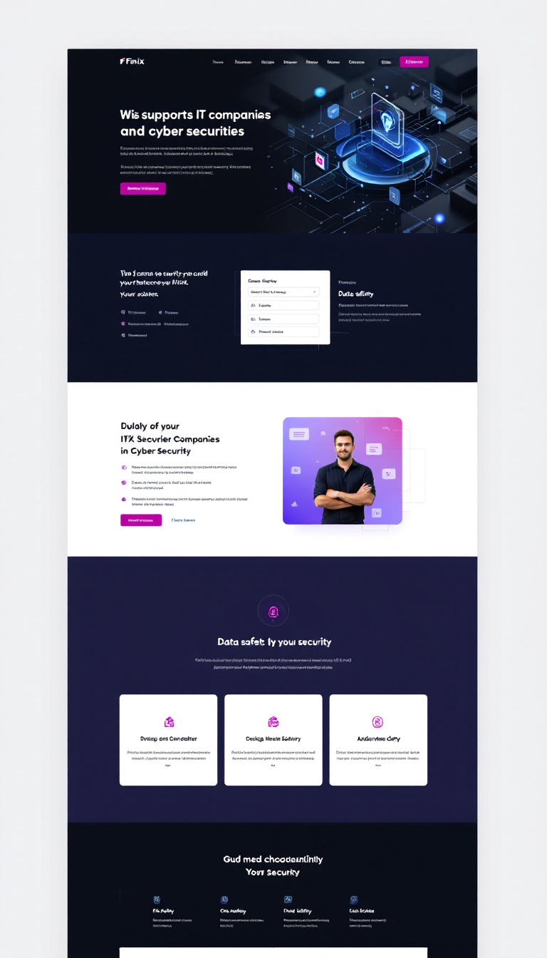 Design a one-page website named "Finix" that supports IT companies in cyber security. The layout should emphasize data safety and security features, offering a clean, professional aesthetic.