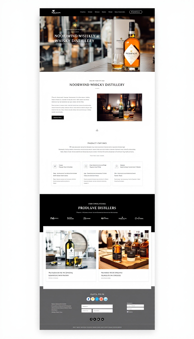 Design a simple and clean one-page website for the Noordwind Whisky Distillery, featuring an elegant layout with high-quality images of whisky, a brief history of the distillery, and a section for product offerings. Include a contact form and links to social media.