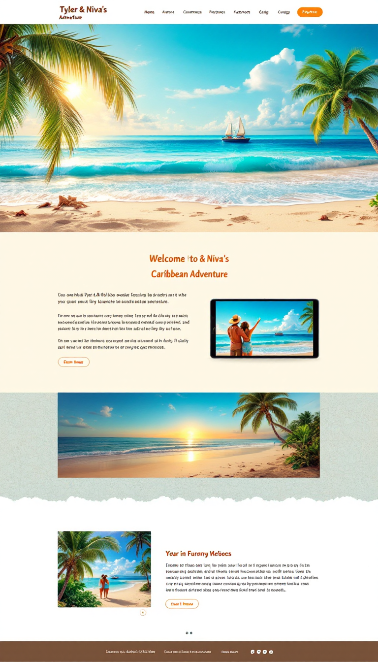 Design a simple one-page website titled "Tyler & Niva’s Caribbean Adventure" featuring a beach theme with tropical colors like ocean blue, sandy beige, and sunset orange. The layout should include a warm welcome message, a slideshow of trip highlights, sections for a password-protected photo gallery and embedded videos, and an optional guestbook for family comments, all with a clean, mobile-friendly design.