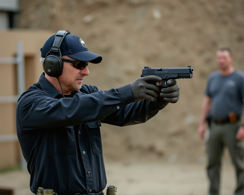 Professional firearm safety instructor demonstrating proper gun handling techniques in a training facility