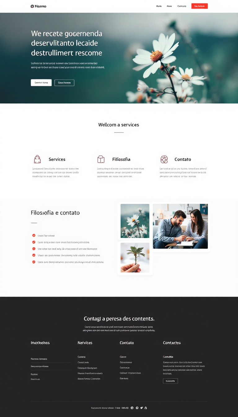 Crie uma página simples e limpa para um site de desenvolvimento pessoal, destacando serviços, filosofia e contato. Use cores suaves e uma disposição intuitiva.