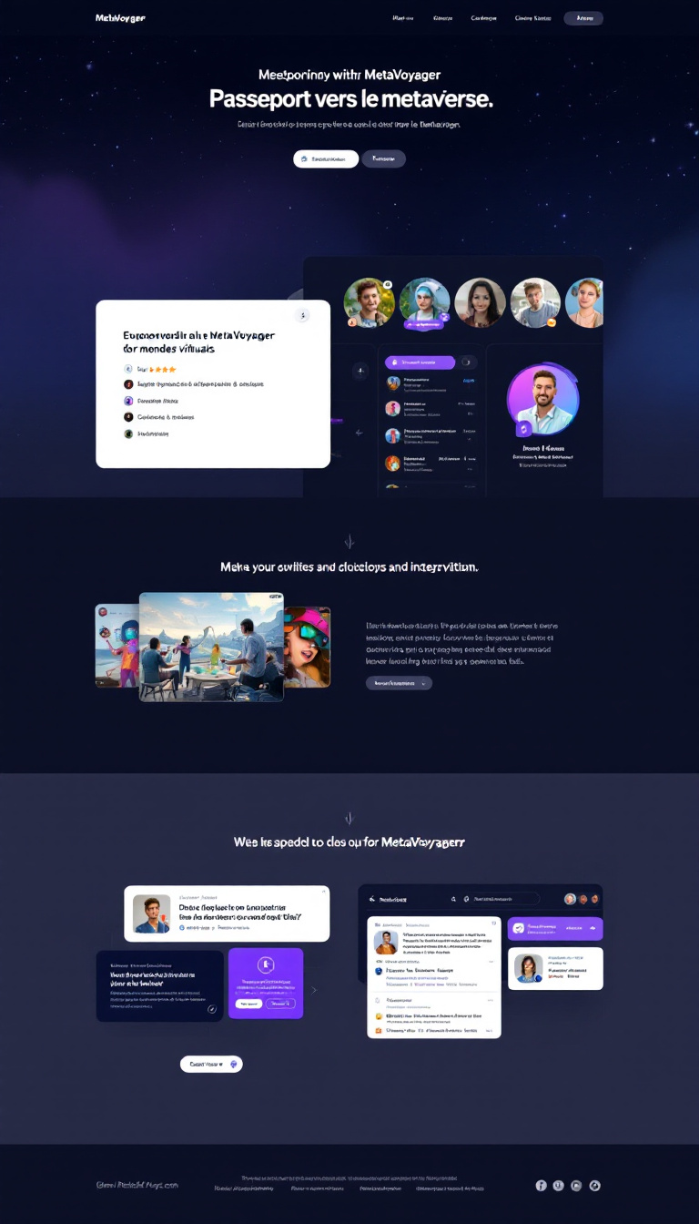 Créez une page d'accueil captivante pour "MetaVoyager", votre passeport vers le métaverse. Mettez en avant l'exploration immersive de mondes virtuels, la personnalisation d'avatars, et l'accès à des événements uniques, tout en intégrant des fonctionnalités interactives pour engager les utilisateurs.