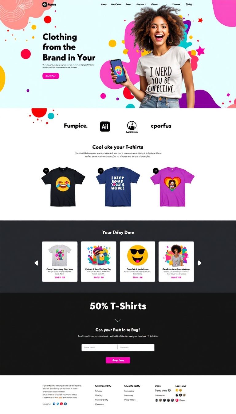 Create a one-page website for a vibrant clothing brand that features cool, colorful, and humorous t-shirts. The design should be clean and engaging, showcasing the unique style and personality of the brand.