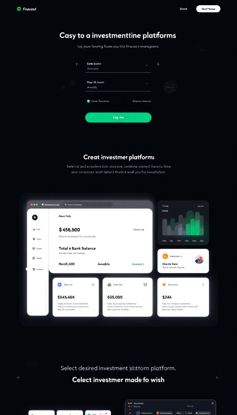 Create a one-page financial management website featuring a sleek login page, a dashboard displaying total bank balance, amount available for investment, and options to select desired investment platforms.
