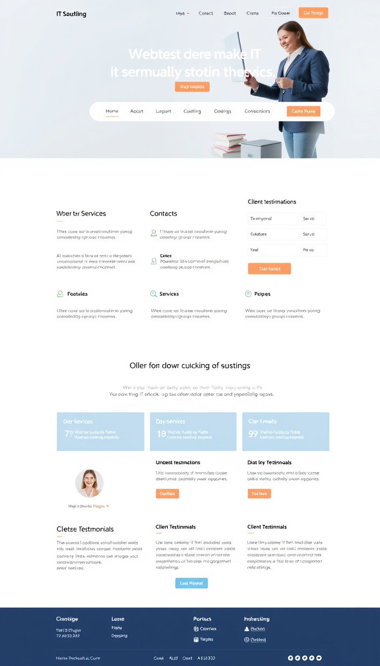 Design a simple and clean one-page website for an IT consulting business, showcasing services, contact information, and client testimonials. The layout should be modern and user-friendly, with a professional color scheme.