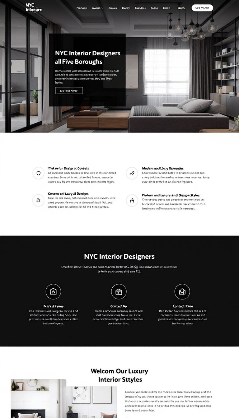 Create a one-page landing website for NYC Interior Designers, targeting the interior design market in New York City at www.nycinteriordesigners.com. The design should mimic the structure and layout of https://www.bentonvilleconcrete.com but focus on SEO-optimized, unique content highlighting services across all five boroughs, modern and luxury design styles, and include relevant NYC-specific details. Ensure a clean, professional aesthetic with high-quality images, a strong call-to-action, effective contact options, and elements that establish trust and credibility.
