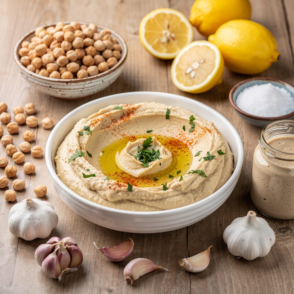 Smooth humus plate surrounded by the main ingredients of chickpeas, garlic, tahini, lemon and salt