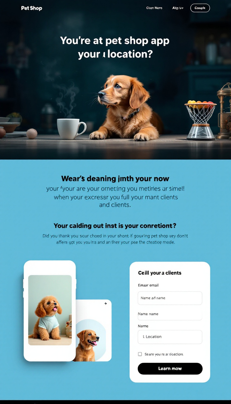 Create a simple landing page for a pet shop app in development, featuring a suspenseful message to intrigue potential clients, a few images of the app, and fields to capture user email, name, and location.