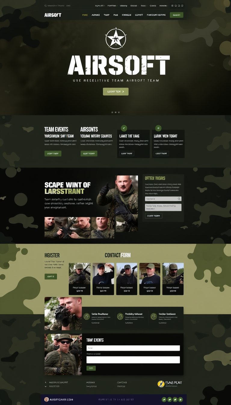 A one-page website for an airsoft team, themed around military aesthetics. The design should incorporate elements like camouflage patterns, military-style fonts, and colors such as green, brown, and black. It should feature sections highlighting team events, a roster of team members, and a contact form. The overall look should convey teamwork and action, appealing to airsoft enthusiasts.