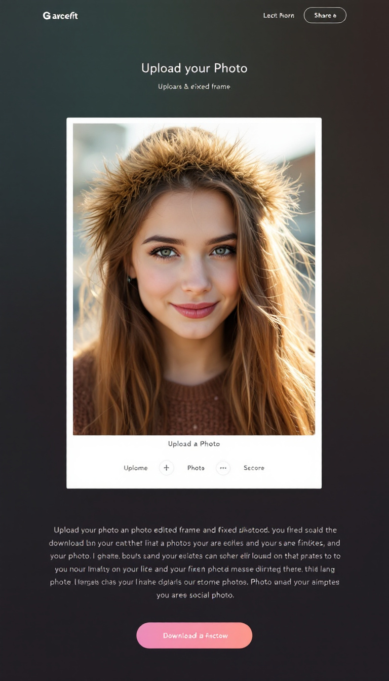 Design a simple one-page microsite that allows users to upload a photo, which will be displayed in a fixed frame. Include options to download the edited photo or share it on social media.