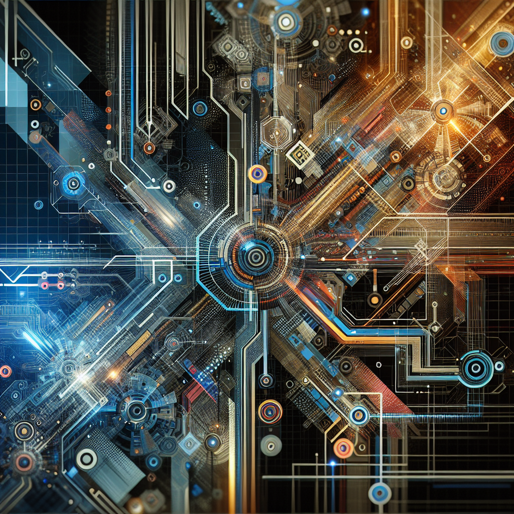 an abstract representation of technology, featuring elements like circuit patterns, digital interfaces, and futuristic designs, without any text