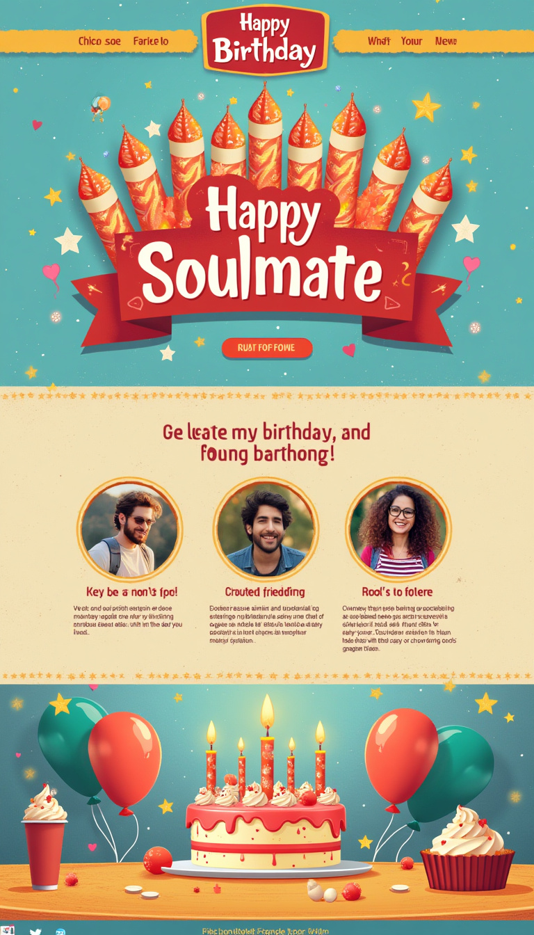 Design a simple one-page website to celebrate my soulmate's birthday, featuring a heartfelt message, photos, and a vibrant birthday theme.