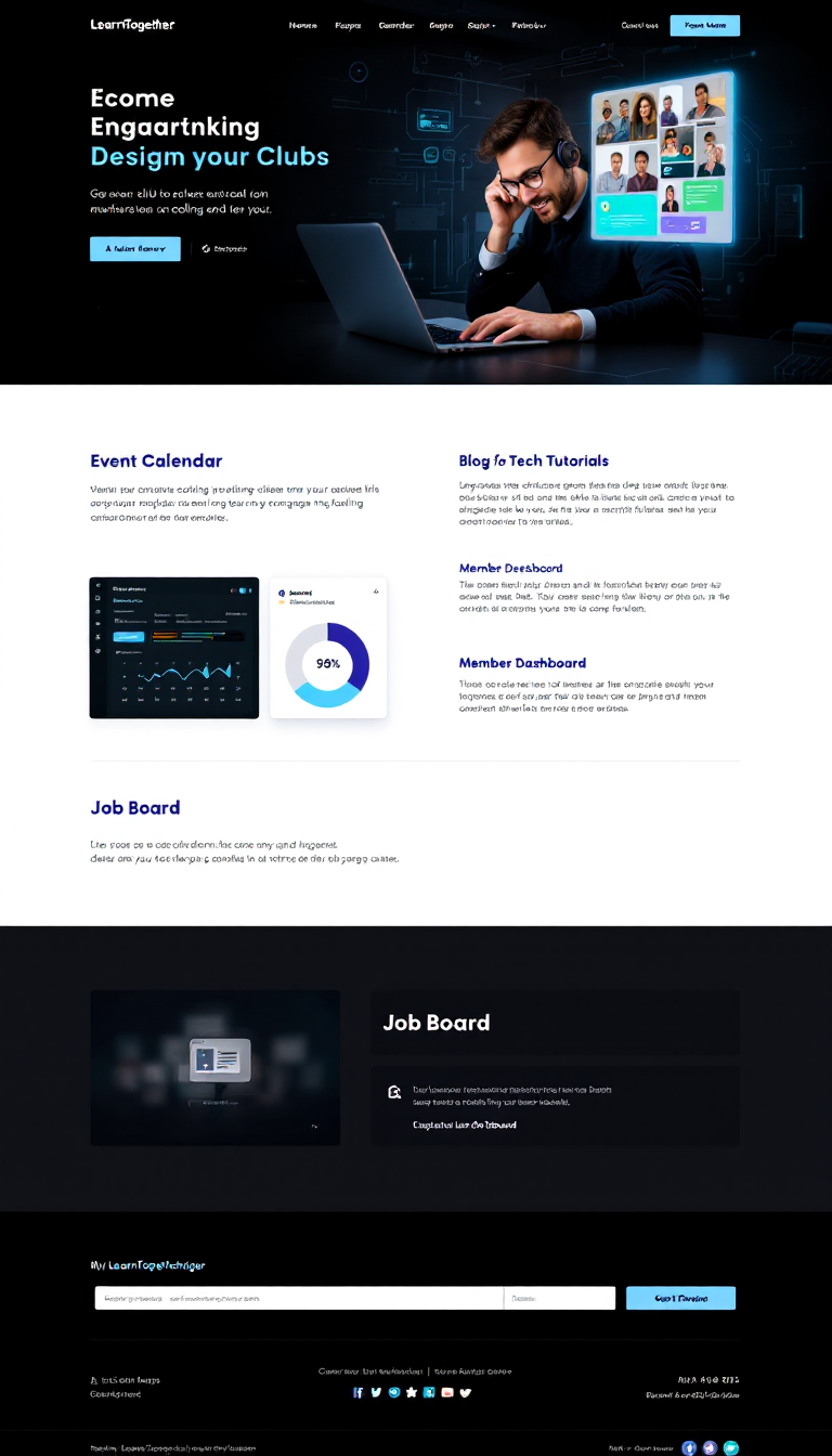 Design a sleek one-page website for the LearnTogether Coding Club, aimed at engaging members and attracting new recruits. The site should feature an event calendar, a blog for tech tutorials, a member dashboard, and a job board, all with a dark tech-inspired theme using a palette of dark background, light gray text, and bright accents. Include modern UI elements like responsive design, interactive navigation, and a footer with social links.