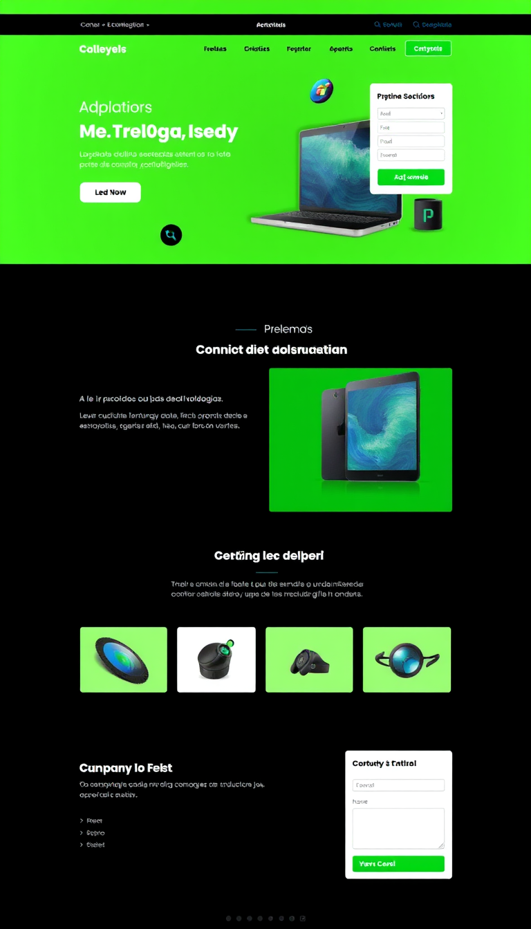 Un sitio web de una pequeña tienda en línea que vende productos tecnológicos. El diseño debe ser moderno y atractivo, con un estilo tecnológico que combine colores negro y verde. Debe incluir un carrito de compras y un formulario de contacto.