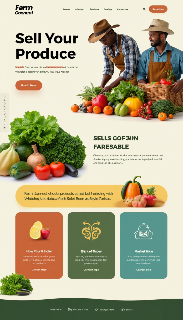 Create a clean, one-page website design for "Farm Connect" that aids farmers in selling their produce directly to markets. Utilize earthy tones, and include sections such as "Sell Your Produce," alongside a navigation bar featuring links to "How It Works," "Market Prices," "Success Stories," and "Services."