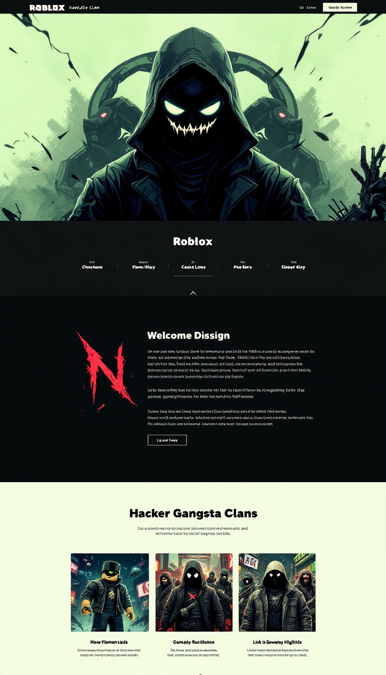 Design a one-page website for a Roblox hacker gangsta clan, featuring a bold, edgy aesthetic. Include elements like a clan logo, member bios, and links to gameplay highlights.