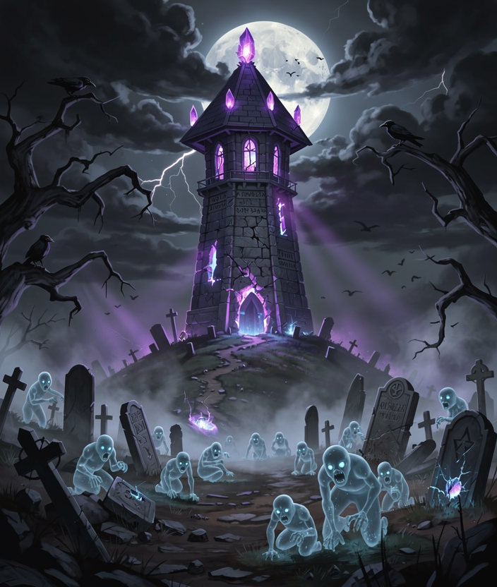 Dark spooky tower defense game key art, a glowing magical stone tower on a hill in a haunted graveyard at midnight, ghostly translucent spirits with glowing blue eyes rising from cracked tombstones and crawling toward the tower, eerie purple and electric blue lighting, volumetric fog rolling across the ground, gnarled dead trees with twisted branches, full moon behind dark storm clouds, crows silhouetted in the sky, dramatic cinematic composition, painterly digital illustration, deep shadows, atmospheric horror fantasy, vertical portrait orientation