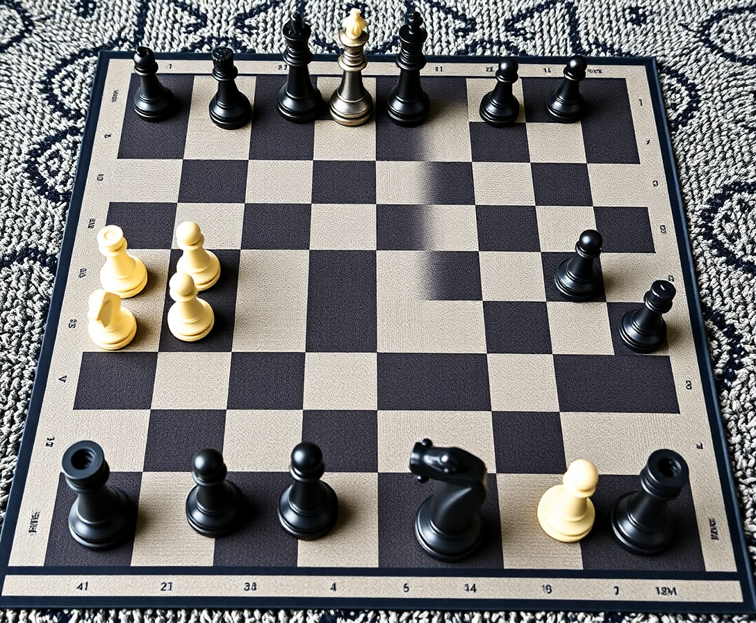 a modern, stylish carpet chess and ludo board game mat with chess pieces set up, showcasing its high-quality design and portability for kids and family game nights