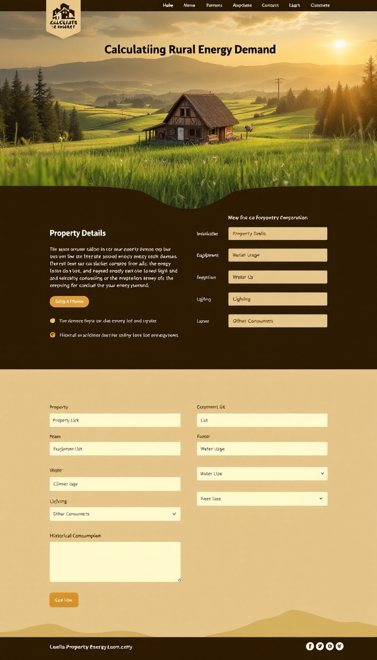 Design a one-page website that functions as a form for calculating rural property energy demand. It should include clearly labeled input fields for property details, equipment list, water usage, lighting, other consumers, climate data, and historical consumption, ensuring a user-friendly experience.