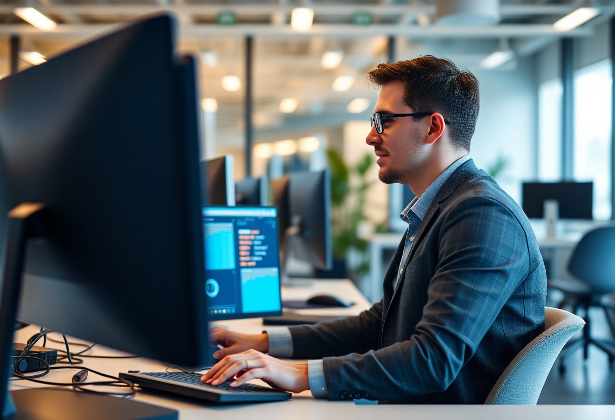 it professional working on multiple computer screens in a modern office setting