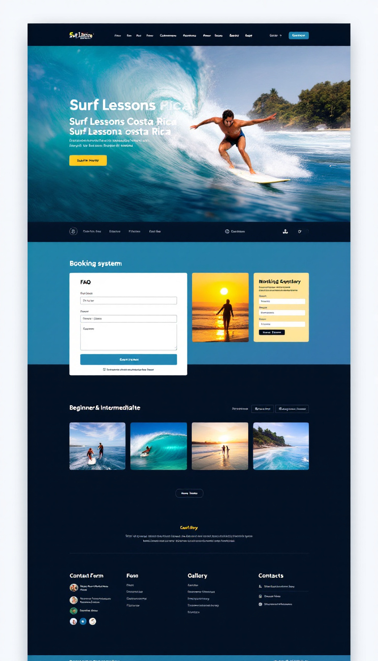 Design a modern one-page website for 'Surf Lessons Costa Rica' aimed at beginner and intermediate surfers. It should feature a vibrant layout with sections for a FAQ, booking system, contact form, and image gallery, highlighting the adventurous spirit of surfing in Costa Rica.