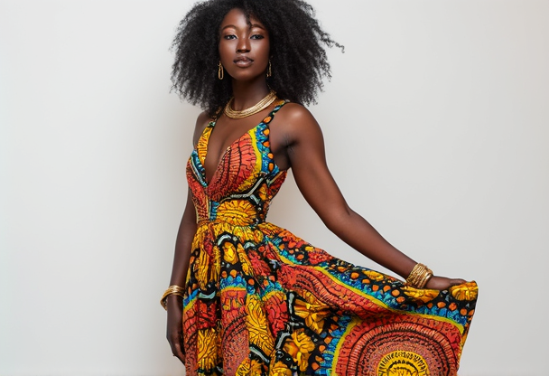 Beautiful model wearing colorful African print dress with gold accessories against white background