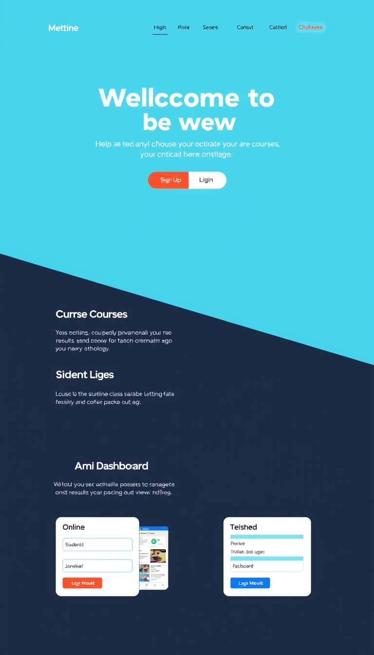 Design a simple, one-page website with a welcoming message, sections detailing courses and examinations, and sign-up and login portals for both students and admins. Include a student dashboard for online class access and an admin dashboard for managing courses and viewing results.