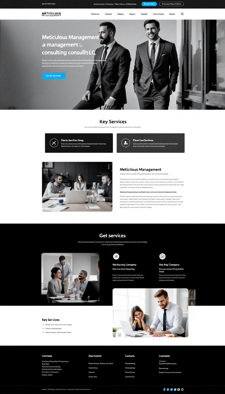 Design a one-page website for Meticulous Management, a management consulting LLC. The site should have a clean and professional layout, featuring key services, a brief company overview, and contact information.