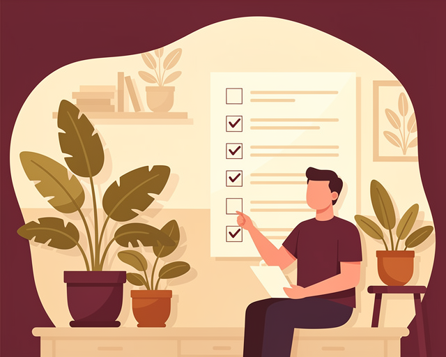 Warm flat vector illustration: Illustration of a homeowner preparing to sell with a checklist and plants. Simple friendly shapes, cohesive warm palette of maroon and cream tones, no text or labels.