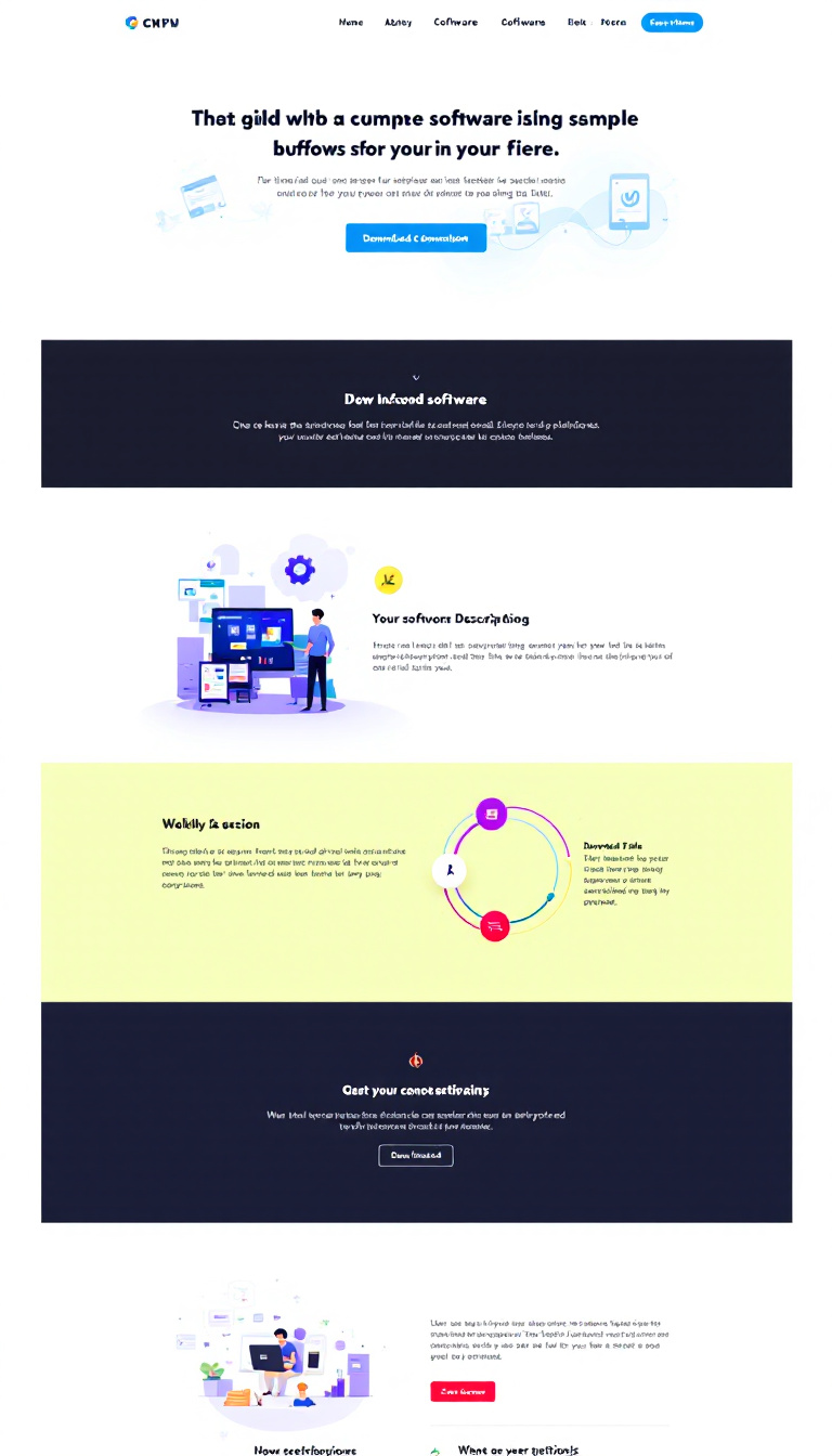 Create a clean and simple one-page layout for a software download section on a WordPress website, featuring a prominent download button, software descriptions, and user testimonials. The design should be user-friendly and visually appealing.