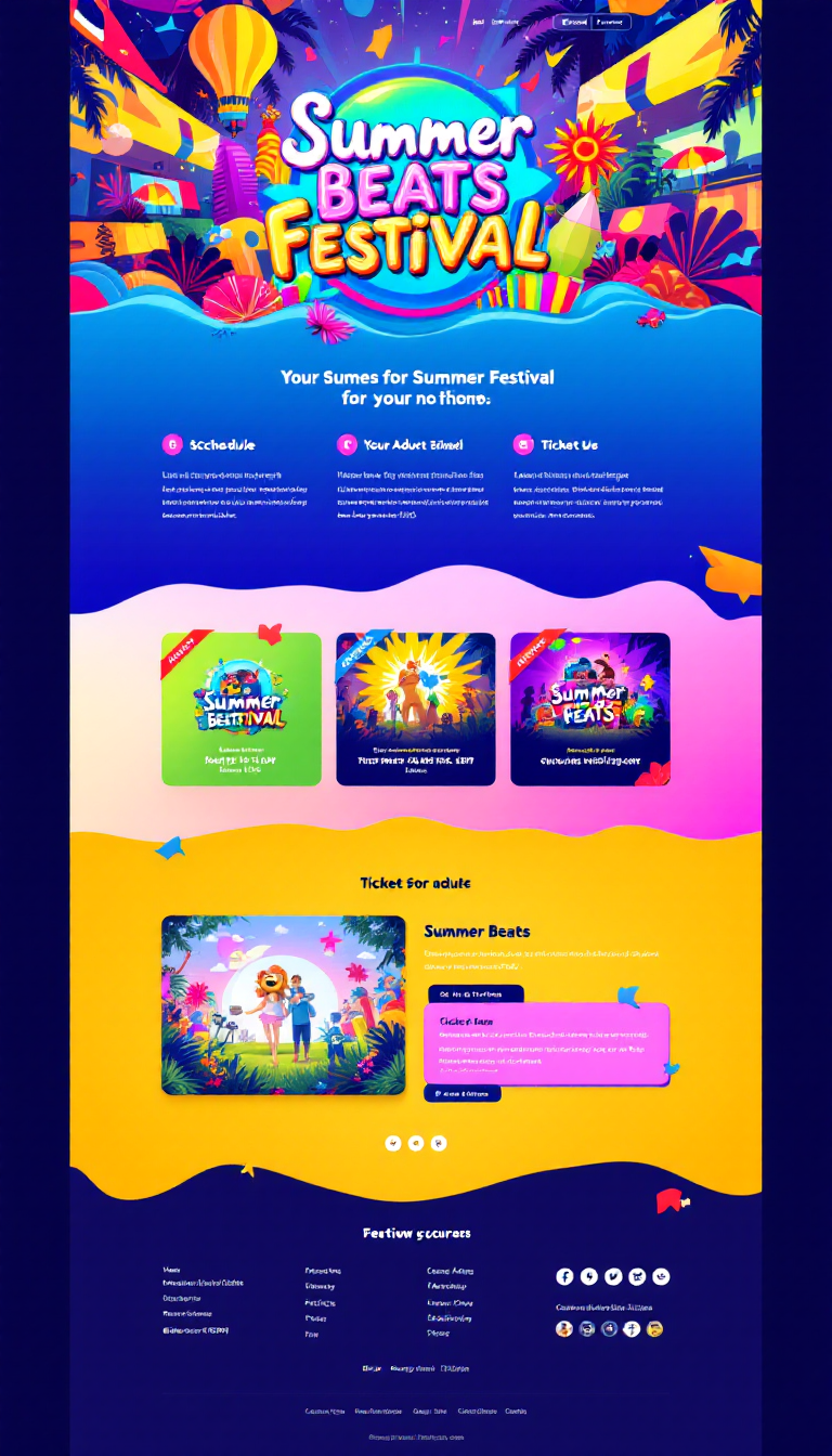 Design a vibrant one-page website for the 'Summer Beats Festival' featuring colorful festival themes. Include sections for the event schedule and ticket purchase, appealing to a young adult audience with an engaging and festive layout.